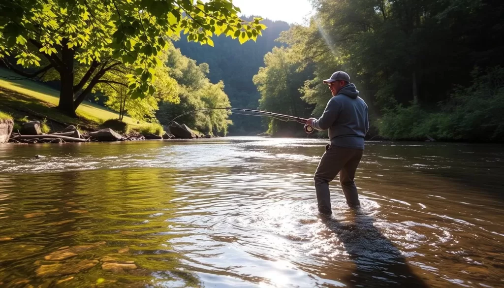 A picturesque scene along the Ottauquechee River in Quechee State Park, Vermont. The river flows gently through a lush, verdant landscape, with trees lining the banks and casting soft shadows. In the foreground, an angler stands knee-deep in the clear, calm waters, their fishing rod poised and ready to cast. The sun filters through the leaves, creating a warm, golden glow that illuminates the tranquil scene. The composition captures the peaceful essence of fly fishing in this scenic New England setting, inviting the viewer to imagine the rhythmic motion of the line and the thrill of a successful catch.