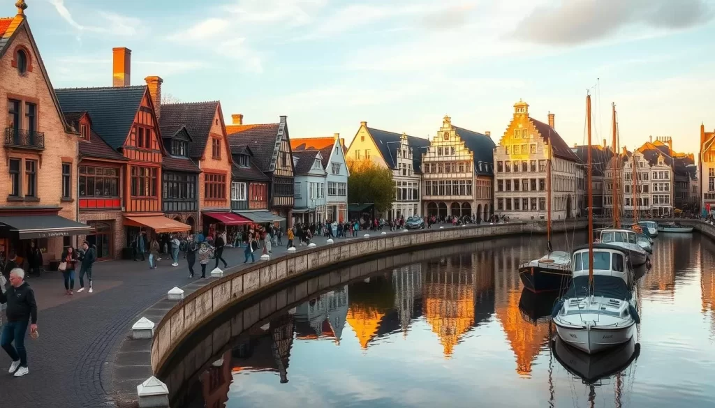 A picturesque scene along the historic Graslei and Korenlei in Ghent, Belgium. Capture the charming medieval architecture lining the Leie river, their gabled rooftops and stone facades bathed in warm, golden sunlight. Depict the quaint, cobblestone promenade bustling with locals and tourists strolling leisurely, taking in the tranquil ambiance. Reflect the serene Leie waters, mirroring the buildings and boats moored along the banks. Render the scene with a soft, nostalgic hue, conveying the timeless, romantic atmosphere of this historic district. Compose the image from a slightly elevated angle to showcase the picturesque layout of the Graslei and Korenlei.