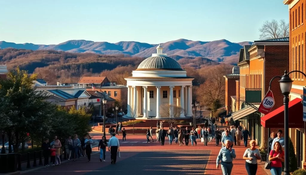 A picturesque scene of Charlottesville, Virginia during the daylight hours. A panoramic view showcases the historic downtown district, with the iconic Rotunda of the University of Virginia prominently featured in the middle ground. The foreground is filled with people strolling along the brick-paved streets, enjoying the warm, sunny weather. The background is dominated by the rolling Blue Ridge Mountains, their peaks bathed in a golden glow. The lighting is soft and natural, creating a serene and inviting atmosphere. Capture the essence of a typical pleasant day in this charming Virginia city.
