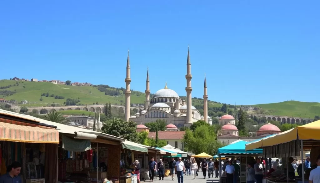 A picturesque scene of Edirne, Turkey on a bright, sunny day. In the foreground, a bustling marketplace with colorful stalls selling traditional textiles, spices, and local produce. Middle ground features the iconic Selimiye Mosque, its grand domes and towering minarets rising majestically against a clear blue sky. In the background, rolling green hills dotted with historical landmarks like the old stone bridges and aqueducts. The scene exudes a sense of cultural vibrancy and timeless charm, inviting the viewer to explore the city's rich history and diverse offerings.