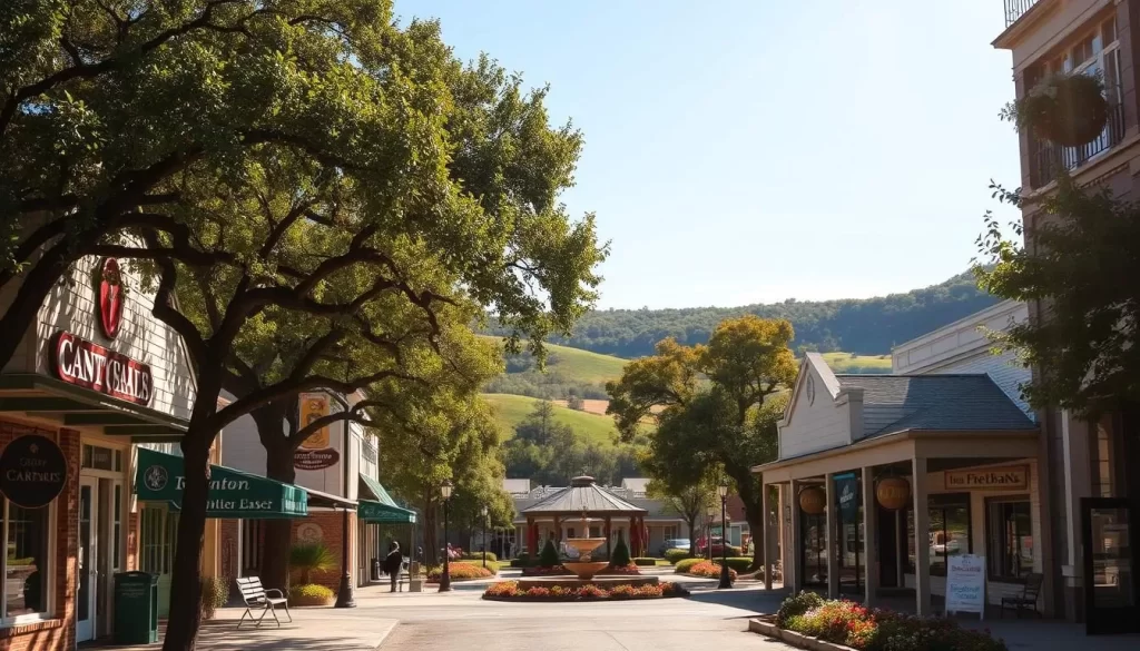 A picturesque scene of Foley, Alabama, a charming Southern town. In the foreground, a quaint main street lined with colorful shops and restaurants, their facades adorned with inviting signage. Shady oak trees dot the sidewalks, casting a gentle dappled light. In the middle ground, a town square with a gazebo and fountain, surrounded by well-manicured lawns and blooming flower beds. In the background, rolling green hills and a clear blue sky, highlighted by warm, golden sunlight. The atmosphere is one of tranquility and small-town hospitality, perfect for exploring the best that Foley has to offer.