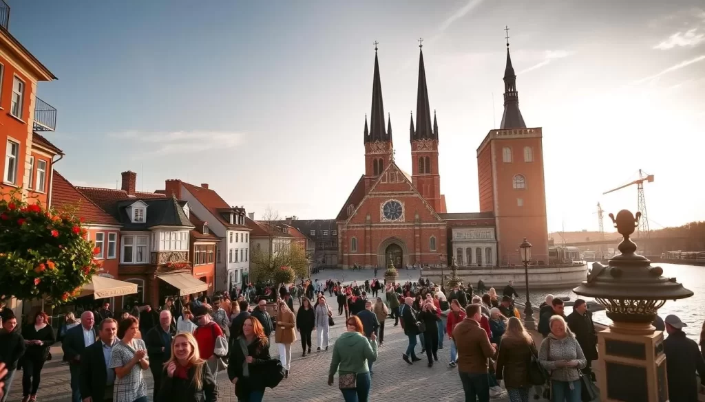 A picturesque scene of Gdańsk's seasonal highlights unfolds before us. In the foreground, a charming Old Town square is filled with bustling locals and tourists, their laughter and chatter echoing through the cobblestone streets. The middle ground showcases the iconic architecture of the Basilica of St. Mary, its brick façade and soaring spires bathed in the warm glow of the sun. In the background, the serene waters of the Motława River shimmer, with the historic Crane and the modern Europejski Hotel creating a striking contrast. The composition captures the perfect balance of Gdańsk's rich history and vibrant present, inviting the viewer to experience the city's seasonal highlights - from the colorful markets and festivals to the tranquil riverside walks.