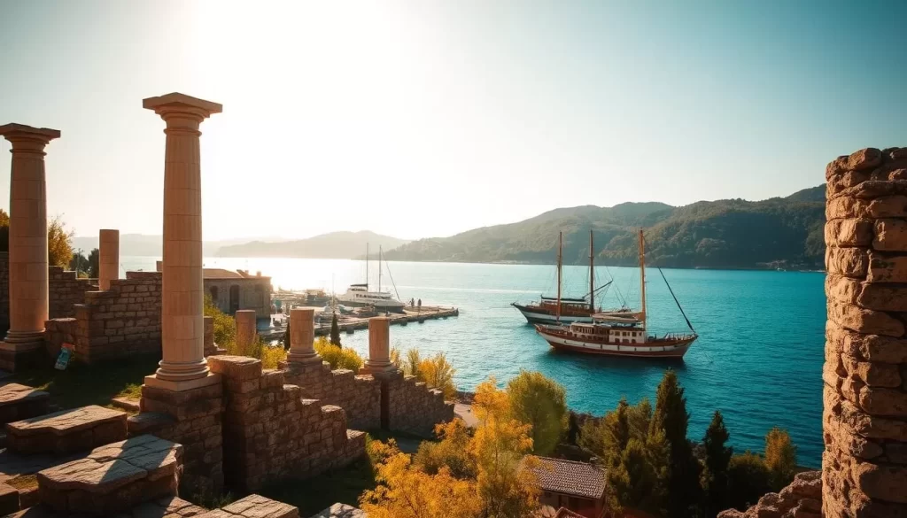 A picturesque scene of Giresun Island, Turkey, bathed in warm, golden sunlight. In the foreground, ancient Byzantine ruins stand as silent witnesses to the island's rich history, their weathered stones evoking a sense of timelessness. The middle ground features a tranquil harbor, where traditional fishing boats sway gently on the calm, turquoise waters. In the background, the lush, verdant hills of the island rise up, creating a serene and inviting backdrop. The overall atmosphere is one of serene contemplation, a perfect representation of the "Rich History of Giresun Island."