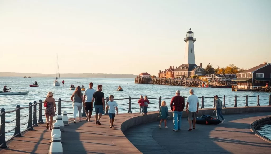 A picturesque scene of Goat Island in Rhode Island, showcasing the seasonal activities that visitors can enjoy. In the foreground, families stroll along the scenic waterfront promenade, basking in the warm sunlight of spring or summer. In the middle ground, kayakers and paddleboarders glide across the calm waters of the harbor, while in the background, the historic lighthouse stands tall, a beacon for the changing seasons. The scene is bathed in a soft, golden glow, capturing the serene and inviting atmosphere of Goat Island during its peak times of the year.
