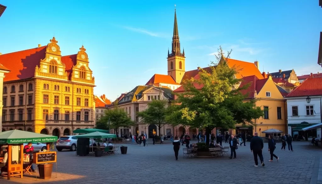A picturesque scene of Kraków's charming old town on a pleasant day. The iconic Cloth Hall and St. Mary's Basilica stand proudly in the foreground, their ornate architecture bathed in warm, golden light. Cobblestone streets wind through the historic district, lined with quaint cafes and shops. In the distance, the spire of Wawel Cathedral rises above the rooftops, a testament to the city's rich medieval heritage. A gentle breeze rustles the trees, creating a tranquil, inviting atmosphere as locals and tourists mingle, immersed in the timeless ambiance of this cultural gem.
