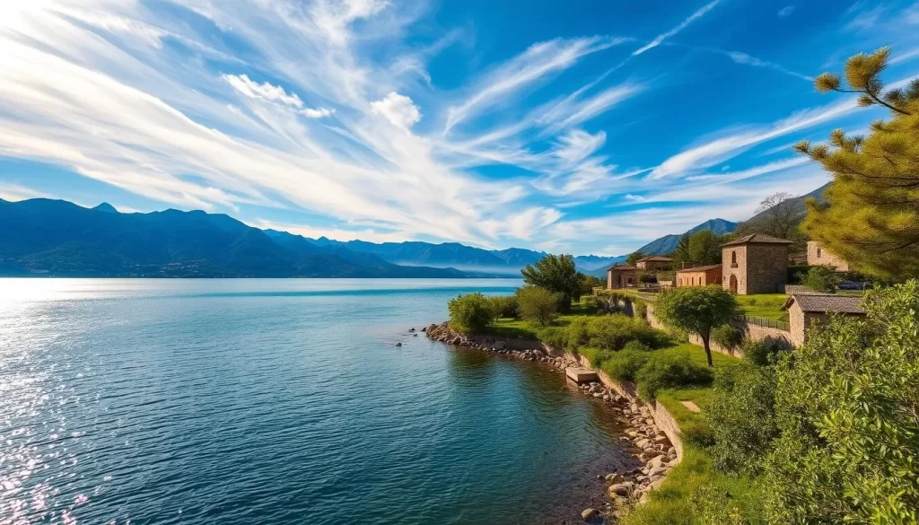 A picturesque scene of Lake Van, nestled in the rugged mountains of eastern Turkey. Sunlight dances across the serene waters, casting shimmering reflections. In the distance, wispy clouds drift across the azure sky, creating ever-changing weather patterns. The lush, verdant shoreline is dotted with traditional stone buildings, hinting at the rich cultural heritage of the region. A gentle breeze rustles the trees, creating a sense of tranquility and calm. The overall mood is one of natural beauty and peaceful serenity, perfectly capturing the essence of the best time to visit Akdamar Island.