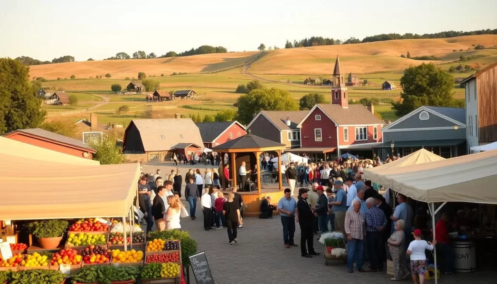 A picturesque scene of Lancaster County in Pennsylvania, capturing the essence of its seasonal events and festivals. In the foreground, a bustling farmer's market with vibrant produce and local artisans showcasing their wares. The middle ground features a historic town square, where a lively crowd gathers around a bandstand, listening to a live music performance. In the background, rolling hills dotted with Amish farms and quaint covered bridges, bathed in warm, golden sunlight. The atmosphere is one of community, tradition, and a celebration of the region's rich cultural heritage.