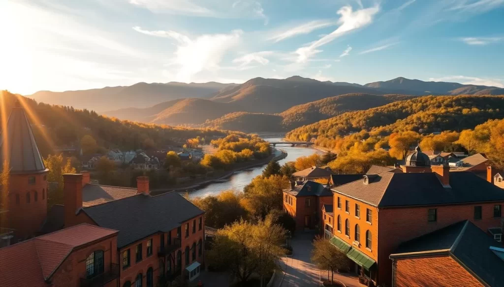 A picturesque scene of Lehigh Valley's stunning natural landscape, bathed in warm, golden sunlight. In the foreground, a charming historic town with quaint brick buildings, cobblestone streets, and lush greenery. The middle ground features a winding river flanked by rolling hills and lush forests. In the background, majestic mountains rise up, their peaks capped with wispy clouds. The overall atmosphere is one of tranquility and inviting charm, capturing the essence of Lehigh Valley's captivating allure. Photograph this scene with a wide-angle lens, conveying a sense of depth and immersion.