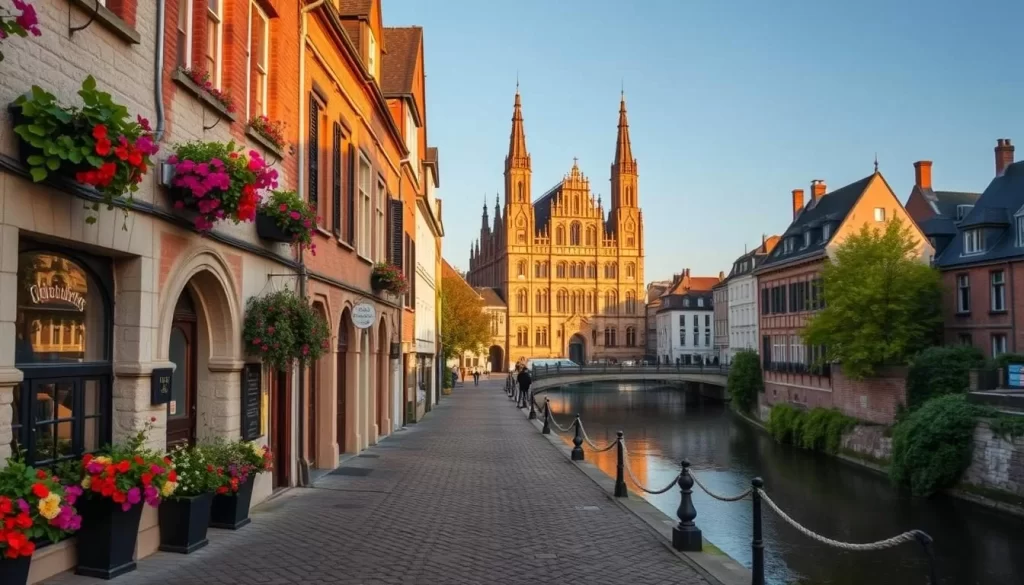 A picturesque scene of Leuven in its seasonal splendor. In the foreground, a cobblestone street lined with charming medieval architecture, its facades adorned with colorful blooms. In the middle ground, the iconic 15th-century Town Hall stands tall, its spires and intricate Gothic details bathed in warm, golden sunlight. In the background, the serene Dijle River winds its way through the city, its banks dotted with lush greenery and the occasional pedestrian strolling by. The atmosphere is one of tranquility and timeless beauty, capturing the essence of Leuven in its prime.