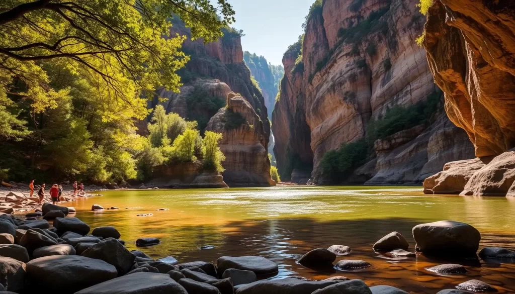 A picturesque scene of Little River Canyon in Alabama, with its towering cliffs and cascading waters flowing through the lush, verdant landscape. Sunlight filters through the canopy of trees, casting a warm, golden glow over the tranquil river. In the foreground, smooth rocks line the riverbank, inviting visitors to dip their toes or explore the shallow pools. The middle ground is dominated by the majestic canyon walls, their rugged, weathered surfaces creating intricate patterns and shadows. In the distance, the river winds its way through the rugged terrain, disappearing into the hazy blue horizon. The overall atmosphere is one of serene beauty, capturing the essence of the seasonal activities and events that take place in this stunning natural wonder.