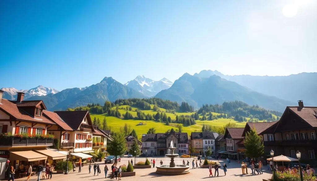 A picturesque scene of Mauren, Liechtenstein on a sunny afternoon. In the foreground, a quaint town square with colorful buildings, cobblestone streets, and a central fountain. People stroll leisurely, enjoying the warm weather. In the middle ground, rolling green hills dotted with lush trees and alpine wildflowers. The background showcases the majestic Liechtenstein Alps, their snow-capped peaks rising majestically against a clear, azure sky. Warm, golden sunlight bathes the entire scene, creating a charming, inviting atmosphere. The overall impression is one of a serene, idyllic Alpine village, perfect for exploring, relaxing, and soaking in the natural beauty of Liechtenstein.