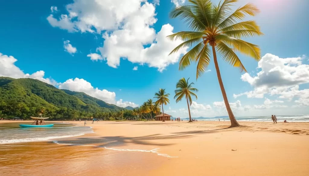 A picturesque scene of Miri Beach, Malaysia on a sunny day. In the foreground, golden sand and gently lapping waves invite visitors to relax and unwind. In the middle ground, lush palm trees sway in the warm breeze, creating a tropical ambiance. The background features verdant hills and a clear azure sky, accentuated by fluffy clouds. The lighting is warm and natural, casting a soft glow over the entire scene. Capture this tranquil and inviting atmosphere with a wide-angle lens to showcase the expansive beach and serene surroundings.