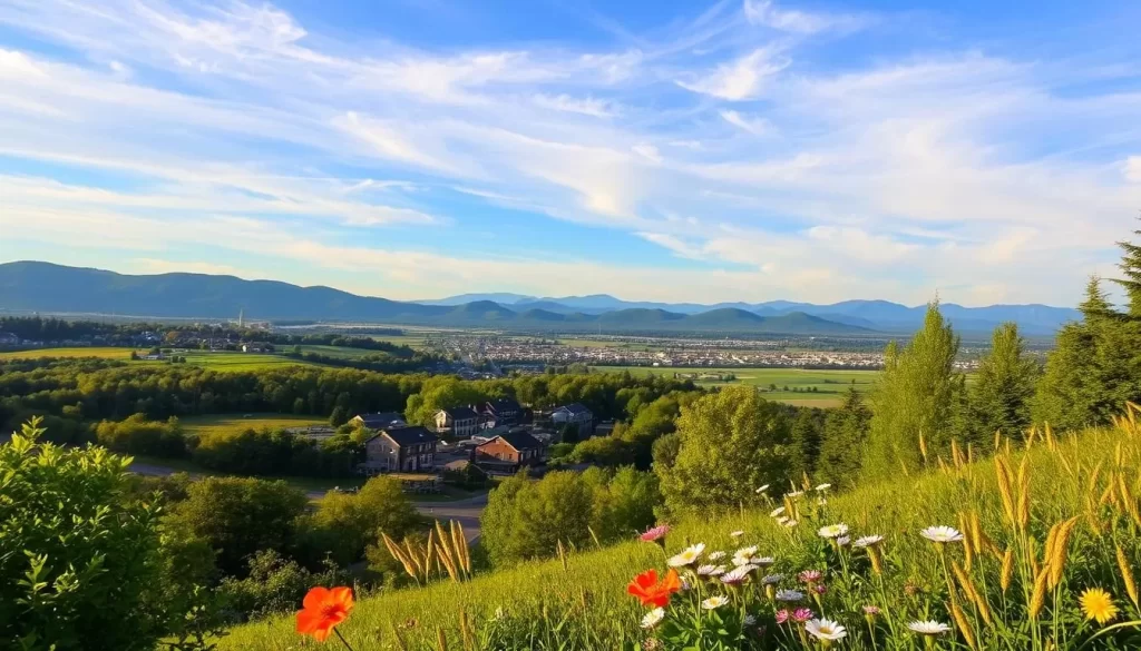 A picturesque scene of New Jersey's varied weather, captured on a pleasant day. In the foreground, lush greenery and blooming wildflowers dot a rolling hillside, basking in warm, golden sunlight. The middle ground reveals a quaint, tree-lined town, its weathered buildings and winding streets reflecting the region's rich history. Against a vast, azure sky, wispy clouds drift lazily, hinting at the unpredictable nature of the state's climate. In the distance, the silhouettes of mountains rise, their peaks shrouded in a soft, misty haze. This serene landscape encapsulates the diverse weather patterns that define New Jersey's unique regional character.
