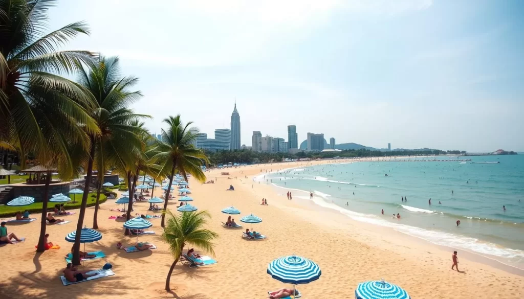 A picturesque scene of Pattaya Beach, Thailand on a sunny day. The golden sand stretches out, meeting the turquoise waters of the Gulf of Thailand. In the foreground, sunbathers relax on beach towels, while umbrellas dot the landscape, providing shade. Palm trees sway gently in the warm breeze, creating a peaceful, tropical atmosphere. In the middle ground, swimmers and water sports enthusiasts enjoy the calm, inviting waves. The background features the iconic skyline of Pattaya, with high-rise hotels and resorts reflecting the sunlight. The scene is captured through a wide-angle lens, showcasing the expansive, picturesque beach in all its glory.