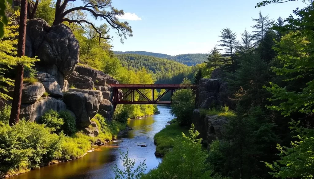 A picturesque scene of Quechee State Park, Vermont on a pleasant summer day. In the foreground, a tranquil river winds its way through lush, verdant foliage. Towering rock formations and ancient trees frame the serene landscape, casting soft shadows across the water. In the middle ground, a wooden bridge arches gracefully over the river, inviting exploration. Beyond, rolling hills and dense forests stretch out, bathed in warm, golden sunlight. The overall atmosphere conveys a sense of peaceful solitude and natural wonder, capturing the essence of this Vermont gem.