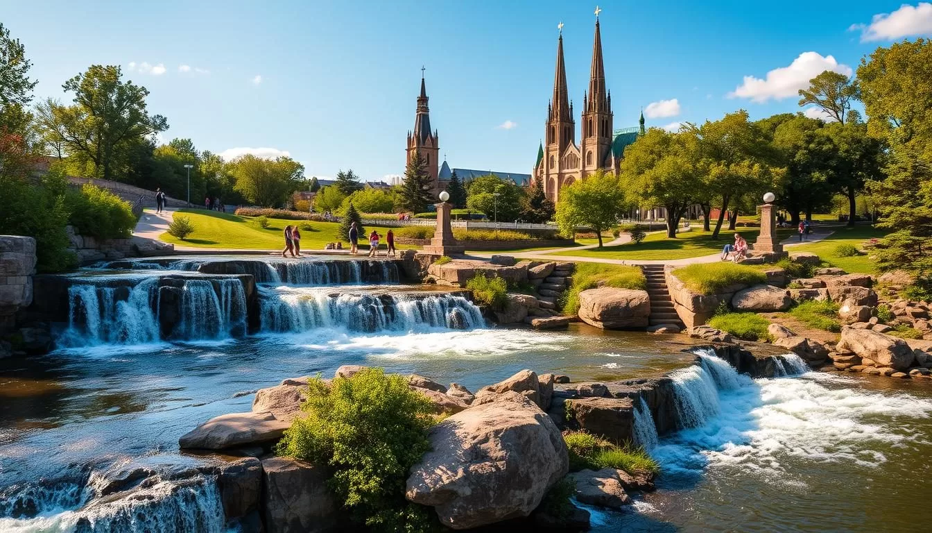 A picturesque scene of Sioux Falls, South Dakota, showcasing its iconic attractions on a bright, sunny day. In the foreground, the cascading Falls Park waterfall flows over rugged rock formations, with lush greenery lining the banks. In the middle ground, visitors stroll along the scenic walking trails, taking in the natural beauty. In the background, the striking spires of the Cathedral of St. Joseph stand tall, reflecting the region's rich architectural heritage. Soft, warm lighting illuminates the scene, creating a serene and inviting atmosphere that captures the essence of Sioux Falls' top attractions.