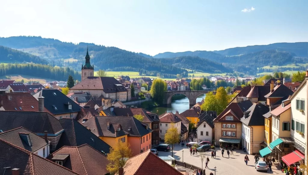 A picturesque scene of Steyr, Austria, on a sunny day. The historic town center is visible, with its striking medieval architecture and colorful buildings lining the banks of the Enns River. In the foreground, cobblestone streets are bustling with locals and visitors, creating a lively, vibrant atmosphere. The middle ground features the iconic Steyr River Bridge, a stunning 16th-century structure that spans the water. In the background, rolling hills and verdant forests create a serene, pastoral backdrop, complementing the charming town. The lighting is warm and golden, casting a welcoming glow over the scene. The overall composition captures the essence of Steyr's timeless beauty and the idyllic, picturesque setting that makes it an ideal destination to visit.