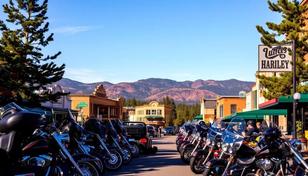 A picturesque scene of Sturgis, South Dakota, nestled in the breathtaking Black Hills. In the foreground, rows of iconic Harley-Davidson motorcycles line the streets, their chrome glinting in the warm afternoon sunlight. The middle ground features the historic downtown, with its charming turn-of-the-century buildings and bustling cafes. In the background, majestic pine-covered hills rise up, creating a dramatic backdrop. The atmosphere is one of vibrant energy and adventure, as visitors explore the gateway to this outdoor wonderland. Capture this quintessential Sturgis experience through a wide-angle lens, showcasing the town's unique blend of Americana and natural splendor.
