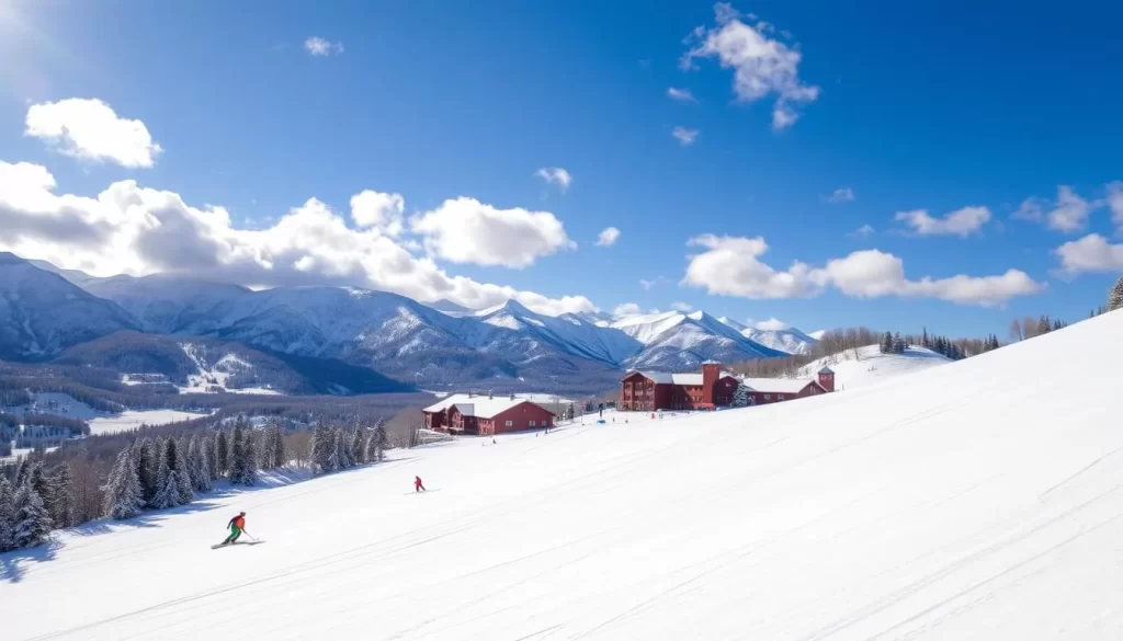 A picturesque scene of Sun Valley Ski Resort nestled in the heart of the Sawtooth Mountains. In the foreground, a groomed ski slope with skiers carving graceful turns under the warm winter sun. The middle ground showcases the iconic Sun Valley Lodge, its classic architecture and red roof contrasting beautifully against the snow-capped peaks in the background. Fluffy clouds drift lazily across a brilliant blue sky, casting soft shadows on the pristine white powder. The overall atmosphere exudes a sense of tranquility and adventure, inviting the viewer to discover the charm and enchantment of this iconic winter wonderland.