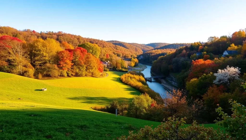 A picturesque scene of Tennessee's seasonal transitions, showcasing the state's natural beauty. In the foreground, a lush, verdant landscape with rolling hills and vibrant greenery. In the middle ground, a winding stream or river reflecting the soft, warm sunlight. In the background, a mix of deciduous trees in various stages of foliage, from the rich hues of autumn to the delicate blossoms of spring. The lighting is soft and natural, creating a serene and inviting atmosphere. The image captures the essence of Tennessee's diverse climates and the best months to experience the state's weather-savvy charm.