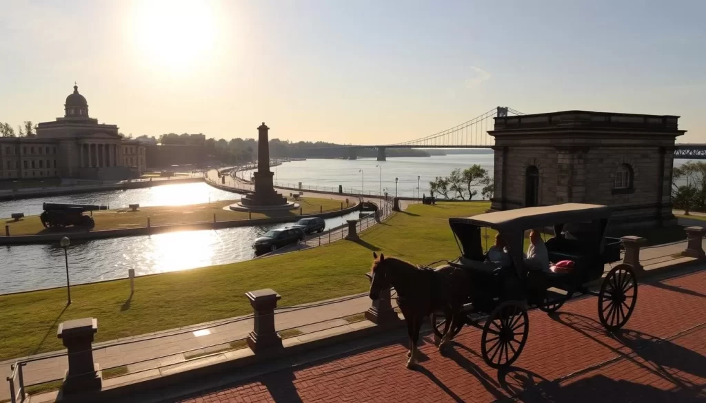 A picturesque scene of Vicksburg's historic riverfront, with the grand antebellum architecture of the Vicksburg National Military Park lining the banks of the mighty Mississippi River. The sun casts a warm glow over the stone monuments and cannons, evoking the spirit of the American Civil War that once raged here. In the foreground, a horse-drawn carriage transports visitors through the serene landscape, while in the distance, the iconic Vicksburg Bridge spans the river, connecting the city's past to its present. The overall atmosphere is one of reverence and discovery, inviting the viewer to explore the rich history that has shaped this unique Mississippi gem.