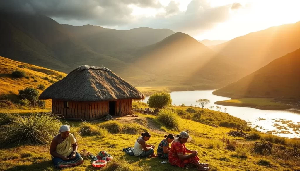 A picturesque scene of West Coast National Park's cultural heritage, showcasing a traditional thatched-roof hut nestled among rolling hills and a serene body of water. The hut stands as a testament to the region's indigenous architecture, its earthy tones and natural materials blending seamlessly with the lush, verdant surroundings. In the foreground, a group of locals engage in traditional crafts, their vibrant garments and intricate handwork capturing the essence of the park's rich cultural tapestry. Warm, golden sunlight filters through the scene, casting a soft, inviting glow and highlighting the park's natural beauty. The overall composition conveys a sense of tranquility, history, and the enduring traditions that define the West Coast National Park experience.