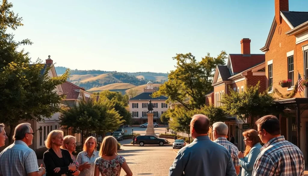 A picturesque scene of a quaint Virginia town, with charming colonial-style buildings lining a tree-lined street. Warm sunlight casts a golden glow, highlighting the intricate architectural details and the lush foliage. In the foreground, a group of people converse animatedly, their hand gestures and expressions conveying the vibrant oral tradition of the English language in this historic region. The middle ground features a town square with a grand statue, a testament to the importance of the written word and the legacy of Virginia's literary heritage. In the background, rolling hills and a clear blue sky complete the tranquil, quintessentially Virginian landscape.