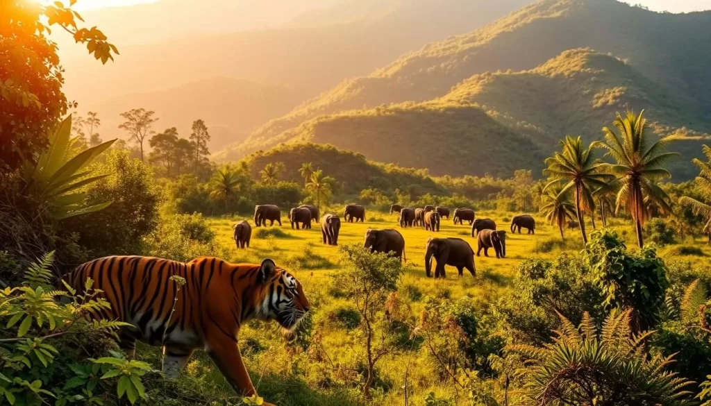 A picturesque scene of lush, verdant forests in the Mizoram national parks, bathed in warm, golden sunlight. In the foreground, a majestic Bengal tiger emerges from the undergrowth, its powerful muscles rippling beneath its tawny coat. In the middle ground, a herd of Asian elephants grazes peacefully, their massive bodies contrasting with the delicate ferns and flowers that dot the landscape. In the background, rugged hills rise up, their slopes covered in a tapestry of vibrant greens and earthy browns. The atmosphere is one of tranquility and harmony, capturing the essence of Mizoram's natural wonders during the ideal October to March window.