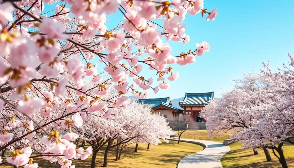 A picturesque scene of the Cherry Blossom Festival in South Gyeongsang Province, South Korea. The foreground features a lush canopy of delicate pink petals cascading from the branches of cherry trees, their gentle sway captured by a shallow depth of field. The middle ground showcases a winding path flanked by more blooming trees, inviting visitors to stroll through the tranquil landscape. In the background, a traditional Korean architecture, perhaps a pavilion or temple, stands serenely against a clear azure sky, bathed in the soft, warm lighting of a spring day. The overall atmosphere evokes a sense of serene beauty, tranquility, and the fleeting, ephemeral nature of the cherry blossom season.