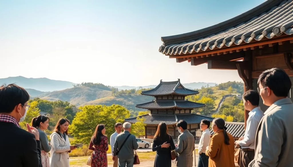 A picturesque scene of the Korean language in action, set against the backdrop of a serene landscape in South Chungcheong Province, South Korea. In the foreground, a group of locals engaged in lively conversation, their voices echoing the rich cadence and melodic intonation of the official language. In the middle ground, a traditional hanok structure stands as a testament to the region's cultural heritage, its tiled roof and intricate wooden details framing the scene. The background features rolling hills, dotted with verdant trees and bathed in the warm glow of a pleasant afternoon sun, creating a tranquil and inviting atmosphere. The overall composition captures the essence of the province's linguistic diversity and its harmonious integration with the natural environment.
