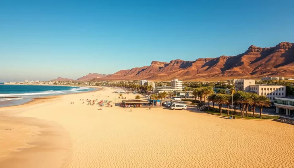 A picturesque scene of the Port Elizabeth coastline, captured on a pleasant day. In the foreground, pristine sandy beaches stretch out, dotted with beachgoers and sun umbrellas. The middle ground features a panoramic view of the city's iconic coastal promenade, lined with palm trees and bustling pedestrians. In the background, the rugged cliffs and undulating hills of the Eastern Cape region rise up, creating a dramatic natural backdrop. The scene is bathed in warm, golden sunlight, with a clear blue sky overhead. A wide-angle lens captures the expansive, breathtaking scope of this friendly, coastal city.