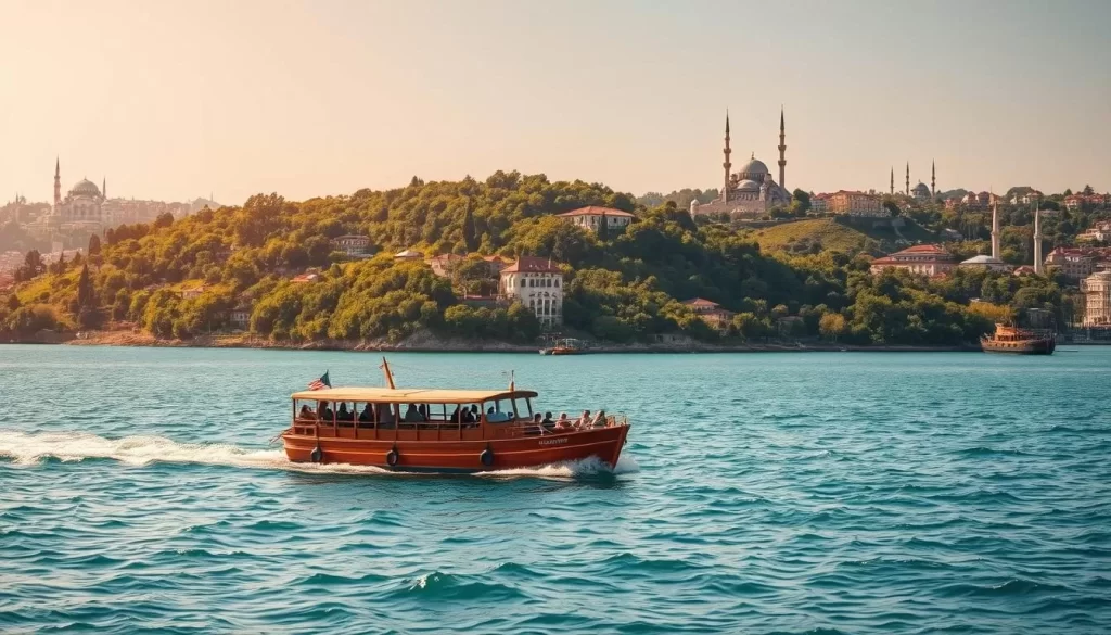 A picturesque scene of the Princes' Islands, nestled in the sparkling waters of the Sea of Marmara. In the foreground, a traditional wooden ferry glides across the calm, turquoise surface, carrying passengers to and fro. The lush, verdant hills of the islands rise in the middle ground, dotted with historic mansions and Byzantine-era structures peeking through the lush foliage. In the background, the distant silhouette of Istanbul's iconic skyline, with the majestic domes and minarets of the Hagia Sophia and the Blue Mosque, creates a serene and timeless panorama. Warm, golden sunlight bathes the scene, casting a gentle glow and highlighting the rich history and natural beauty of this enchanting Ottoman-era archipelago.