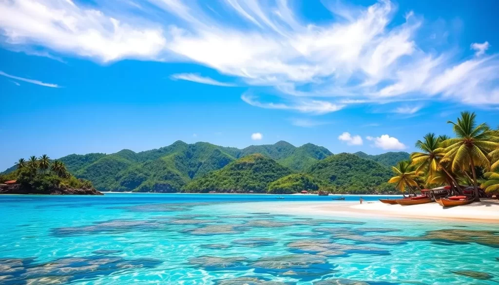 A picturesque scene of the Semporna Islands on a bright, sunny day. In the foreground, crystal-clear turquoise waters lap against the white sandy beaches dotted with swaying palm trees. The middle ground features vibrant coral reefs teeming with a kaleidoscope of tropical fish. In the background, lush, verdant hills rise up, creating a stunning natural backdrop. The sky is a brilliant azure, with wispy clouds overhead. The lighting is warm and golden, casting a glow over the entire landscape. Capture the serene, tranquil atmosphere of this tropical paradise, perfect for visitors seeking the best time to experience the beauty of the Semporna Islands.