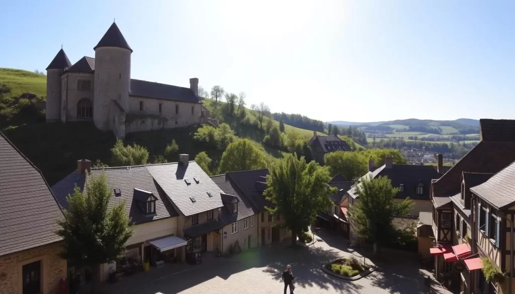 A picturesque scene of the UNESCO World Heritage site of Clervaux, Luxembourg on a warm, sunny day. The medieval castle stands tall, its turrets and stone walls casting long shadows across the lush, verdant hillsides. In the foreground, cobblestone streets wind through the historic town center, lined with charming shops and cafes. Sunlight filters through the trees, illuminating the colorful facades of the old, half-timbered buildings. In the distance, the rolling Ardennes hills provide a picturesque backdrop, creating a serene and tranquil atmosphere. Capture the essence of this idyllic European town in its best light.