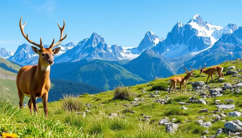 A picturesque scene of the diverse wildlife thriving in the lush, mountainous terrain of Gesäuse National Park, Austria. In the foreground, a majestic red deer stands alert, its regal antlers catching the warm, golden light. In the middle ground, a pair of chamois gracefully navigate the rocky slopes, their nimble movements showcasing their agility. In the background, the towering peaks of the Enns Alps rise majestically, their snow-capped summits reflecting the clear, azure sky. The scene exudes a sense of tranquility and harmony, capturing the essence of this pristine natural wonder.