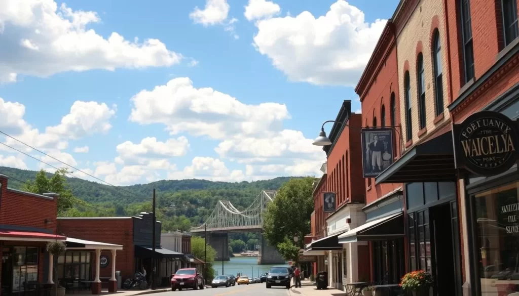 A picturesque scene of the historic city of Selma, Alabama on a bright, sunny day. In the foreground, a quaint downtown street lined with charming antique shops, cafes, and local businesses, their facades bathed in warm, golden light. In the middle ground, the iconic Edmund Pettus Bridge, a symbol of the civil rights movement, spanning the calm waters of the Alabama River. In the background, lush green hills and a clear blue sky dotted with fluffy white clouds, creating a tranquil and inviting atmosphere. The image conveys the welcoming spirit of Selma, enticing viewers to explore its rich history and vibrant community.