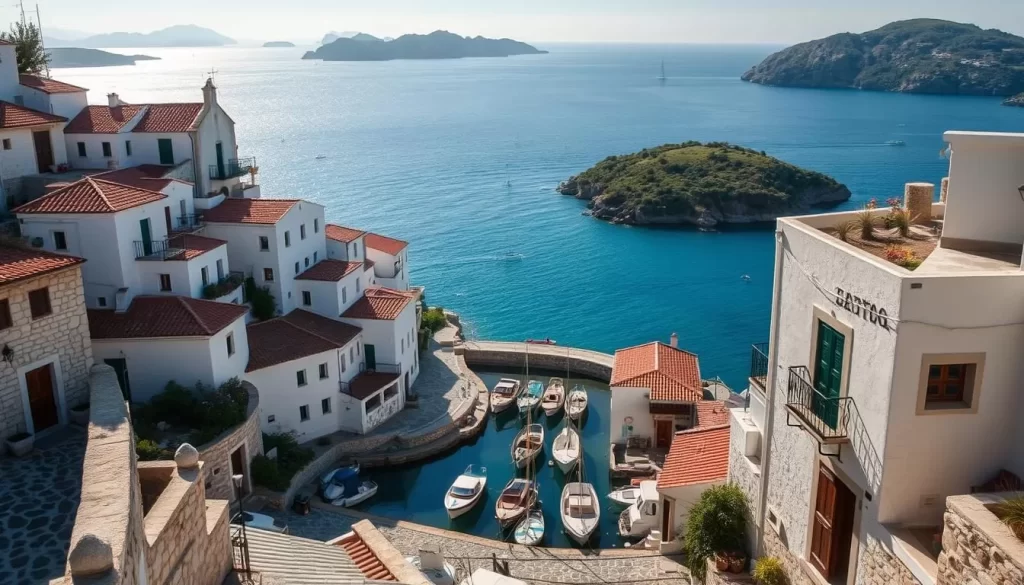 A picturesque scene of traditional Lycian architecture nestled along the tranquil shores of Kaleköy, Turkey. Whitewashed stone buildings with distinctive red-tiled roofs cascade down the hillside, their simple yet elegant designs reflecting the region's rich cultural heritage. Sunlight dapples the cobblestone streets, casting warm shadows across the quaint harbor where small fishing boats sway gently. In the background, the azure waters of the Mediterranean Sea stretch out, dotted with the verdant islands of the Kekova region. An atmosphere of serene, timeless charm pervades the scene, inviting the viewer to step into this captivating corner of the Turkish Riviera.