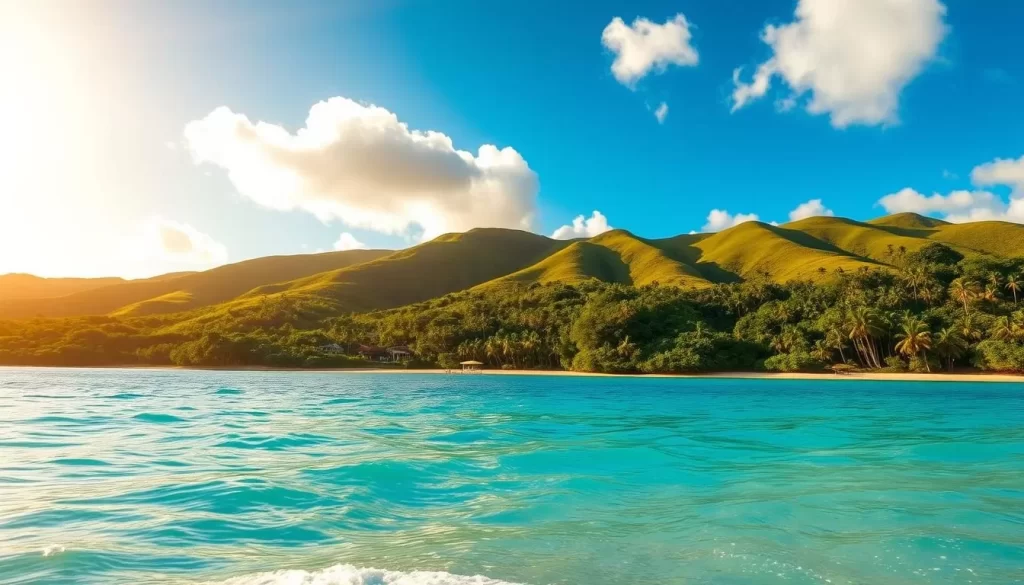 A picturesque scene showcasing the weather differences across the Cook Islands. In the foreground, a palm-fringed beach with crystal-clear turquoise waters laps against the shore. In the middle ground, rolling green hills and lush tropical foliage create a vibrant, verdant backdrop. The sky above is a stunning azure, with fluffy white clouds drifting lazily. Warm, golden sunlight filters through, casting a soft, inviting glow over the entire landscape. The scene captures the diverse microclimates of the Cook Islands, from the sunny, balmy coasts to the lush, verdant interiors, all in a single, harmonious composition.