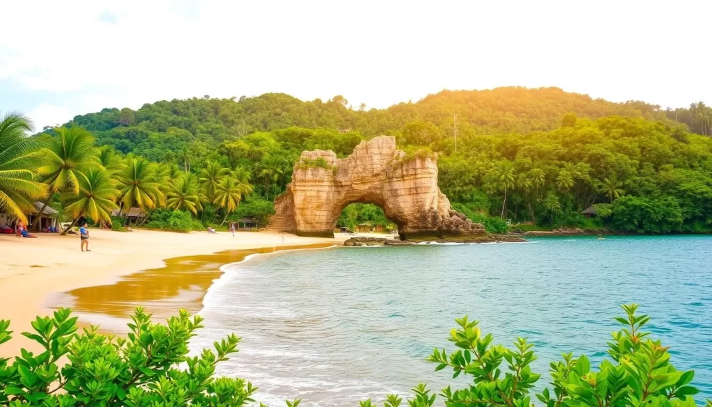 A picturesque seaside town on Malaysia's enchanting East Coast, Kuantan is a vibrant tapestry of natural wonders. Capture the serene beauty of Teluk Cempedak beach, its golden sands and gently lapping waves framed by swaying palms. In the middle ground, marvel at the iconic Arch of Pahang, a stunning limestone formation carved by time. Further inland, the lush greenery of Sungai Lembing jungle comes into view, its towering trees and cascading waterfalls creating a verdant oasis. Soft, diffused sunlight bathes the scene, imbuing it with a warm, inviting atmosphere. Convey the tranquil allure of this East Coast gem, where nature and modernity harmoniously coexist.
