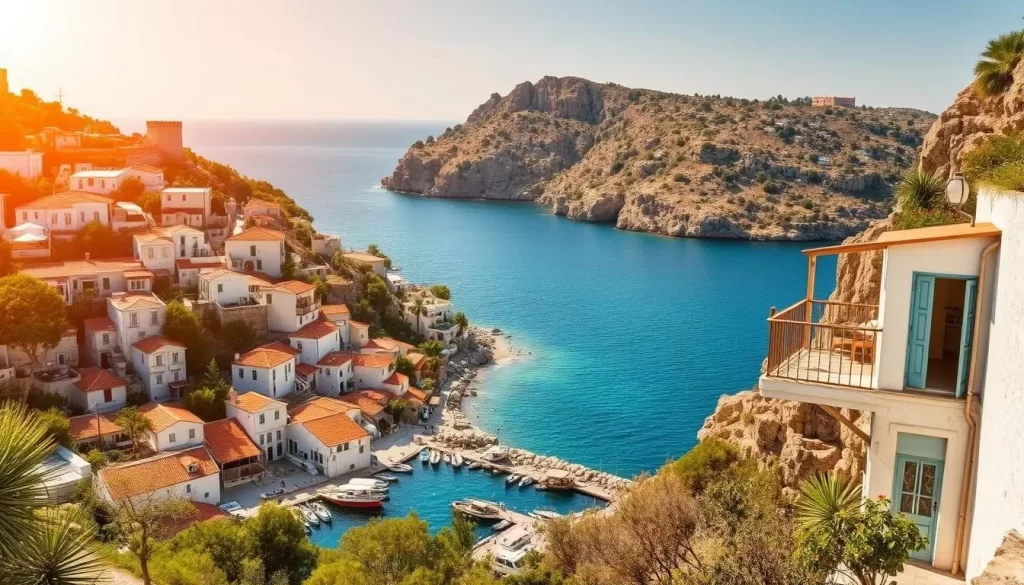 A picturesque seaside village nestled along the shores of Kekova Island, Turkey. Quaint whitewashed buildings with terracotta roofs cascade down the hillside, framed by lush vegetation and the sparkling azure waters of the Mediterranean. A small harbor dotted with traditional wooden boats sits in the foreground, while in the distance, rugged cliffs and the ancient ruins of Simena Castle crown the island. Warm, golden sunlight bathes the scene, casting a serene and inviting atmosphere. A serene, intimate accommodation with a charming balcony overlooking the tranquil bay comes into focus, beckoning travelers to experience the natural beauty and history of this idyllic island getaway.