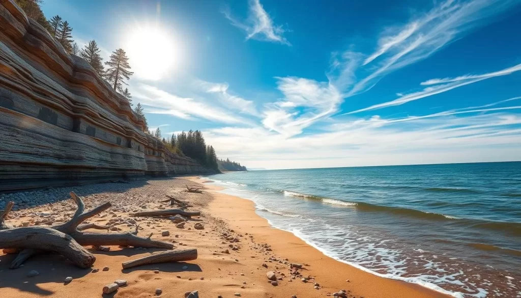 A picturesque shoreline along Lake Huron, Michigan. Rugged cliffs of layered limestone and sandstone descend to a sandy beach, dotted with driftwood and smooth pebbles. Gentle waves lap the shore, reflecting the brilliant blue sky above. In the distance, a line of towering pine trees cast long shadows across the landscape. Warm sunlight filters through wispy clouds, illuminating the natural beauty of this serene coastal scene. Capture the tranquility and majesty of Lake Huron's shoreline with a wide-angle, high-resolution photograph.