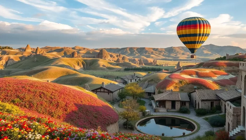 A picturesque spring day in Cappadocia, Turkey. Rolling hills covered in vibrant wildflowers, dotted with iconic fairy chimneys. Soft, warm light filters through wispy clouds, casting gentle shadows. In the distance, a hot air balloon drifts gracefully over the dramatic landscape, its colorful canopy reflected in a serene pond. Charming stone houses and winding cobblestone streets complete the quaint, authentic Turkish village setting. Capture the tranquil, pastoral mood of this stunning natural wonder in the springtime.
