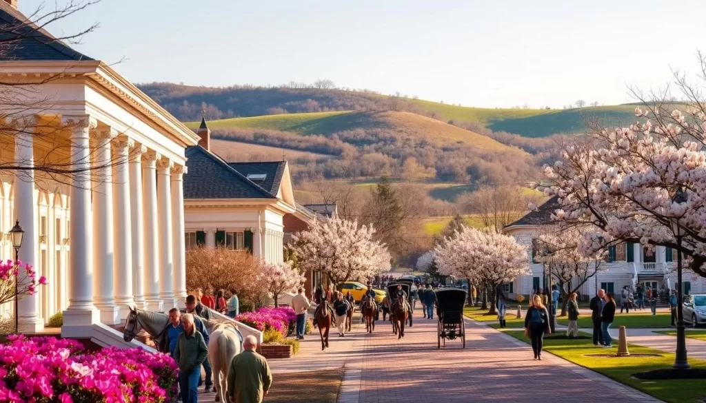 A picturesque spring day in the historic town of Natchez, Mississippi. Capture the serene beauty of the antebellum homes along the Natchez Trace Parkway, their white columns and intricate facades bathed in warm, golden sunlight. In the foreground, a lively crowd of locals and visitors strolls along the paved walkways, admiring the blooming azaleas and dogwood trees that line the streets. In the middle ground, horse-drawn carriages clip-clop past, adding to the timeless, charming ambiance. The rolling, verdant hills of the Mississippi landscape serve as a serene backdrop, hinting at the natural splendor that surrounds this enchanting spring pilgrimage.