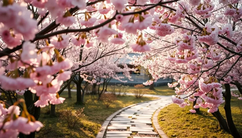 A picturesque spring scene in Gyeonggi Province, South Korea. A lush foreground of delicate pink cherry blossoms in full bloom, their petals gently swaying in a soft breeze. The middle ground features a tranquil stone path winding through the trees, inviting the viewer to stroll through this serene landscape. In the background, a hint of traditional Korean architecture peeks through the blossoms, creating a harmonious blend of nature and culture. The lighting is soft and diffused, casting a warm, golden glow over the entire scene. The overall mood is one of peaceful contemplation, capturing the essence of spring in this picturesque region.