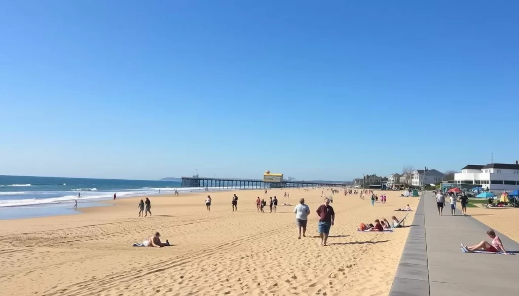 A picturesque springtime scene at Spring Lake Beach, New Jersey. A vast expanse of golden sand and gently lapping waves under a clear, azure sky. In the foreground, people stroll along the promenade, enjoying the mild ocean breeze. Midground, families relax on colorful beach towels, building sandcastles and playing in the shallow water. In the background, the iconic Spring Lake boardwalk and charming beachfront homes create a quaint, seaside atmosphere. Warm, natural lighting bathes the scene, highlighting the vibrant colors and inviting textures. Capture the tranquil, nostalgic charm of this classic East Coast beach destination.