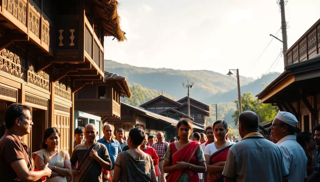 A picturesque street in Nagaland, India, bathed in warm afternoon sunlight. The foreground features a group of locals engaged in lively conversation, their gestures and expressions conveying the vibrant oral tradition of the region. In the middle ground, traditional architectural elements like thatched roofs and intricate woodcarvings on the buildings give a glimpse into the cultural heritage. The background showcases the lush, verdant hills that characterize the Naga landscape, creating a serene and idyllic atmosphere. The overall scene encapsulates the essence of English as the official language, seamlessly integrated into the everyday life and traditions of Nagaland.