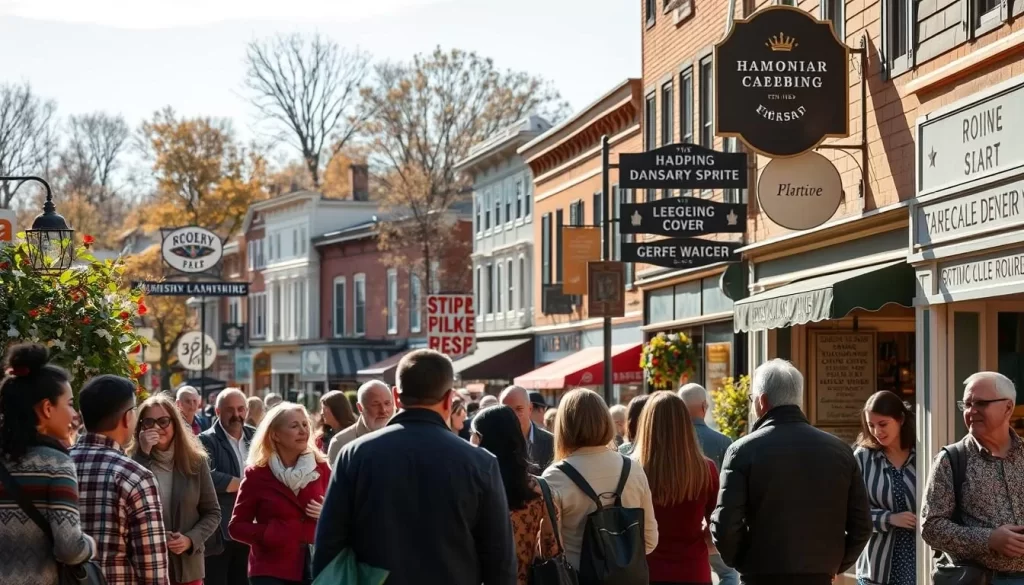 A picturesque street scene in a vibrant New Hampshire town, showcasing the diverse languages spoken by its residents. In the foreground, pedestrians of various ethnicities converse in lively discussions, their body language and facial expressions conveying the multicultural atmosphere. The middle ground features storefronts and signage displaying a mix of English and other languages, hinting at the cultural richness of the community. In the background, historic New England architecture frames the scene, bathed in warm, golden sunlight that accentuates the welcoming ambiance. The overall composition captures the essence of New Hampshire's linguistic diversity, inviting the viewer to explore and experience the city's unique cultural tapestry.