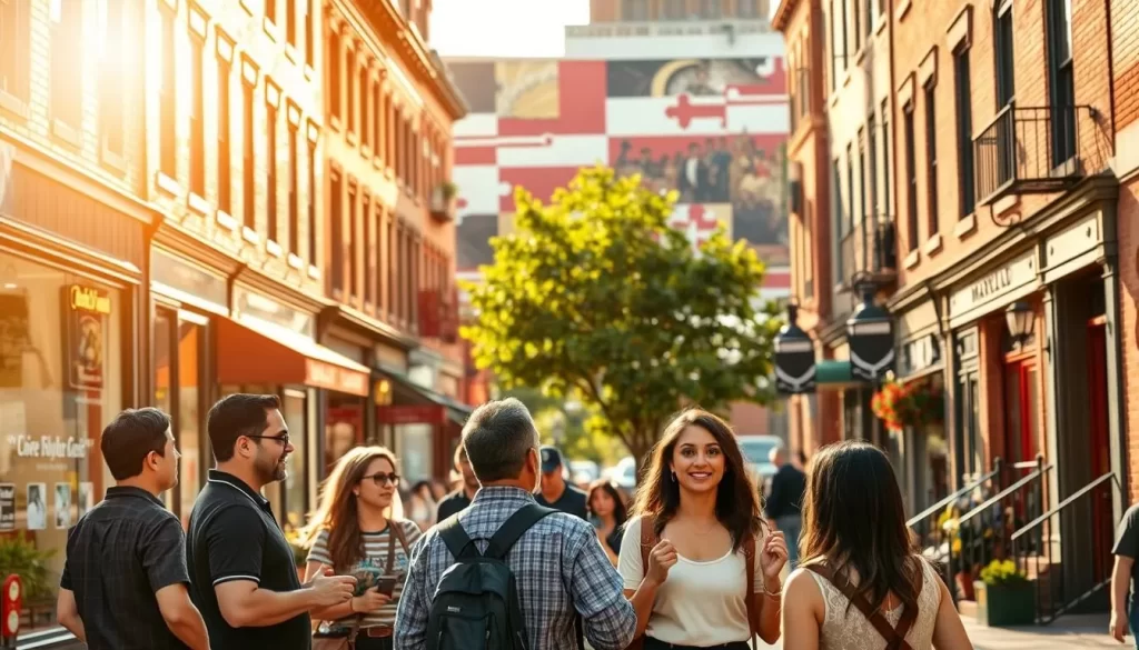 A picturesque street scene in historic downtown Baltimore, Maryland, bathed in warm afternoon sunlight. Vibrant storefronts and brownstone buildings line the sidewalks, reflecting the city's diverse linguistic heritage. In the foreground, a group of locals converse in a mix of English, Spanish, and Mandarin Chinese, showcasing the multicultural fabric of the state. In the middle ground, a pair of friends discuss in American Sign Language, emphasizing Maryland's commitment to inclusivity. The background features a mural depicting the state's colonial past, with Native American, European, and African influences subtly woven into the design. The scene emanates a sense of harmony and progress, capturing the evolution of languages in Maryland over the centuries.