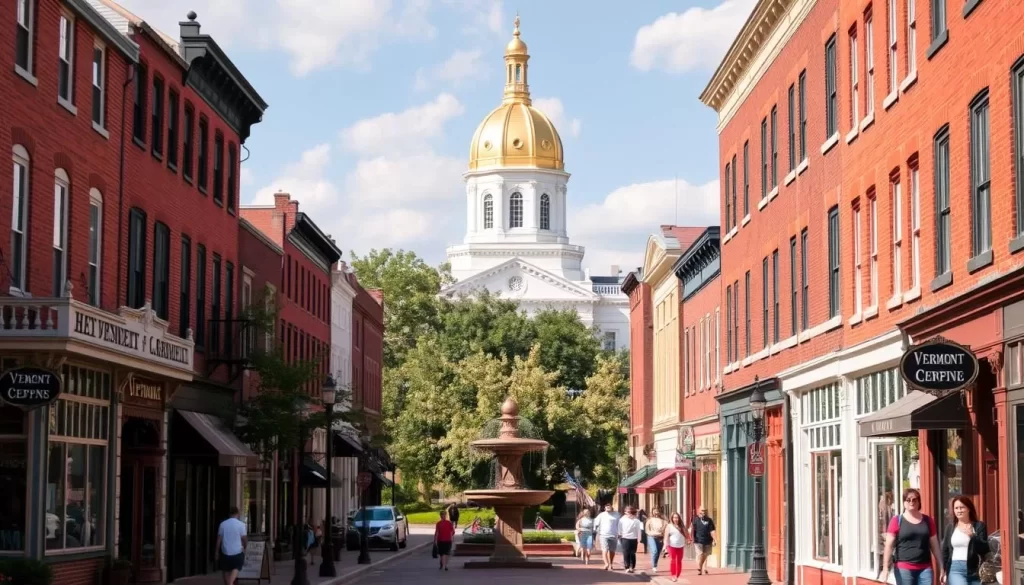 A picturesque streetscape of Montpelier's downtown area on a pleasant afternoon. In the foreground, quaint brick buildings with Victorian-style architecture line the streets, their colorful facades and ornate details reflecting the city's historic charm. Pedestrians stroll along the sidewalks, enjoying the lively atmosphere. In the middle ground, a central green with lush trees and a decorative fountain creates a inviting public space. In the background, the Vermont State House's iconic golden dome rises majestically, its neoclassical architecture a point of civic pride. Warm sunlight bathes the scene, casting gentle shadows and highlighting the vibrant hues of the buildings, trees, and people. An authentic representation of Montpelier's picturesque downtown, capturing the essence of Vermont's charming capital.