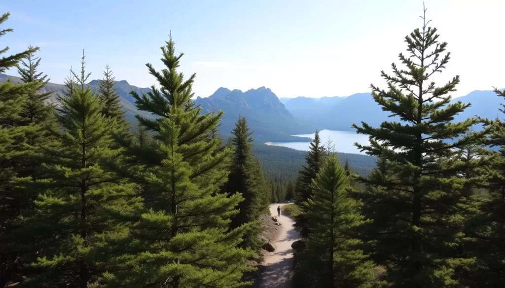 A picturesque summer day in Acadia National Park, with a clear sky, soft light, and a gentle breeze. In the foreground, lush evergreen trees sway gracefully, their branches casting dappled shadows on the forest floor. The middle ground reveals a winding hiking trail, leading the eye towards a serene lake, its surface reflecting the surrounding mountains. In the background, rugged granite peaks reach towards the heavens, their jagged silhouettes framing the scene. The atmosphere is one of tranquility and natural wonder, perfectly capturing the unique climate and beauty of this iconic American landscape.